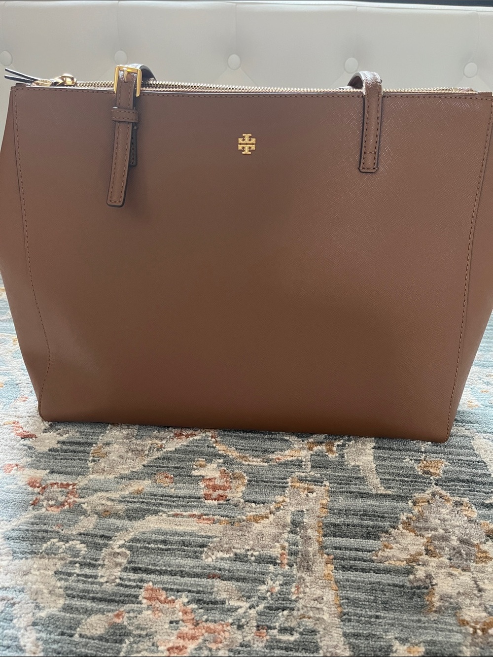 Tory Burch Cognac Saffiano Leather Zip-Top Tote